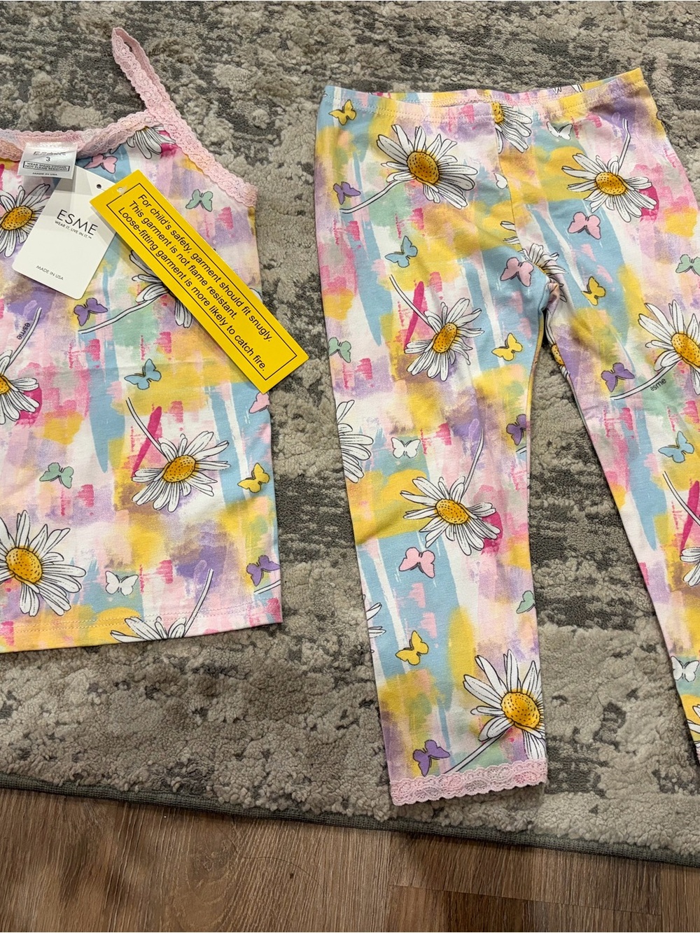 ESME Girls' Daisy & Butterfly Pastel Pajama Set- Pink,Yellow,Blue Lace Trim NWT